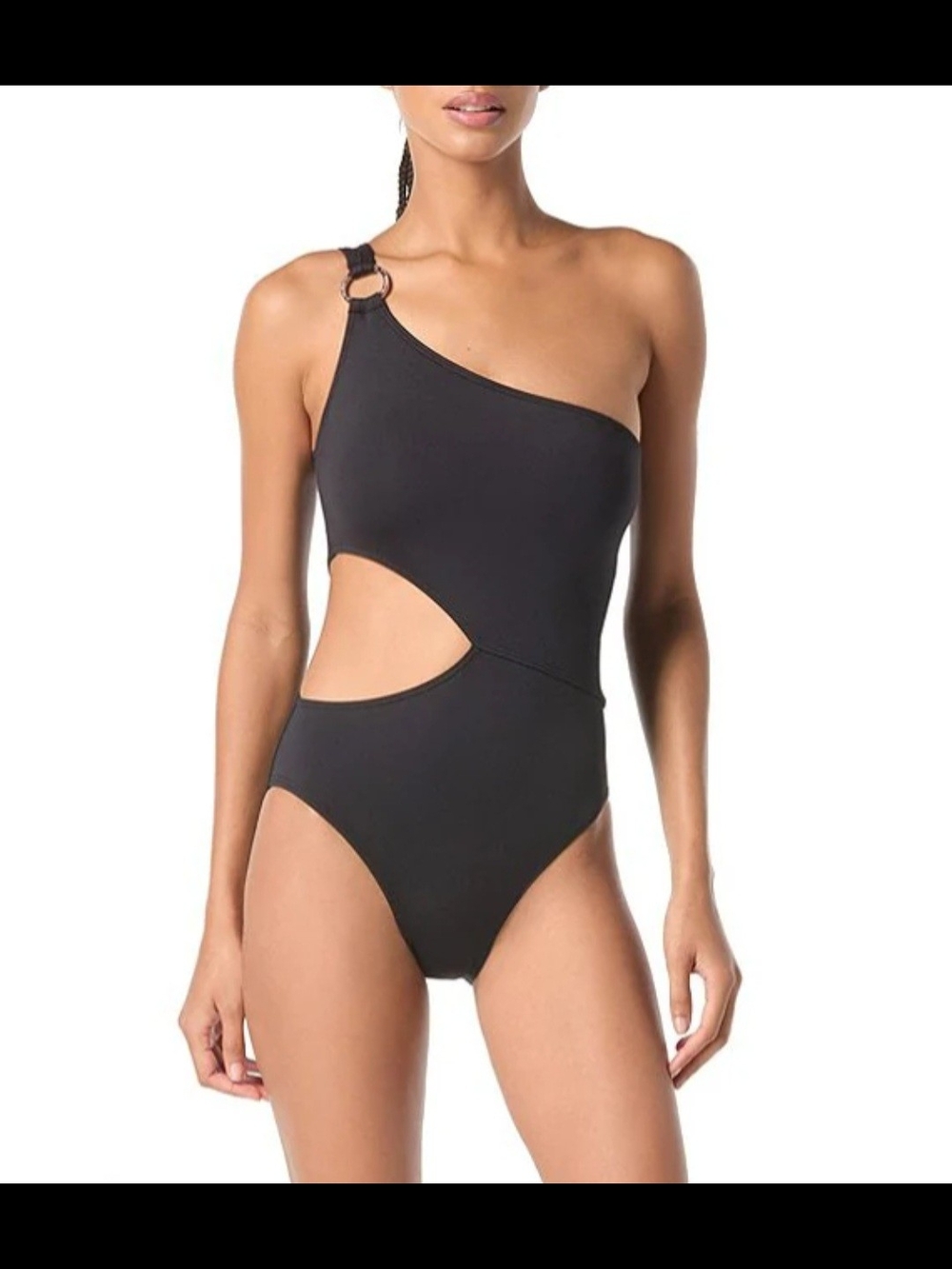 Michael Kors Black One-Shoulder Cutout Swimsuit with Ring